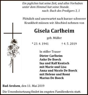 Traueranzeige von Gisela Carlheim von WLZ