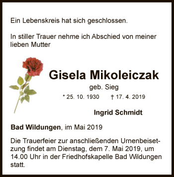 Traueranzeige von Gisela Mikoleiczak von WLZ