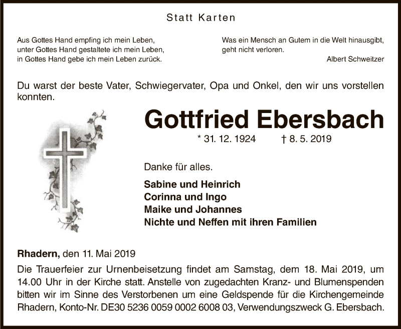  Traueranzeige für Gottfried Ebersbach vom 11.05.2019 aus WLZ