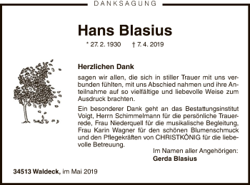 Traueranzeige von Hans Blasius von WLZ