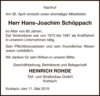 Traueranzeige von Hans-Joachim Schöppach von WLZ