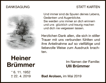 Traueranzeige von Heiner Brümmer von WLZ