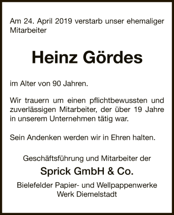 Traueranzeige von Heinz Gördes von WLZ
