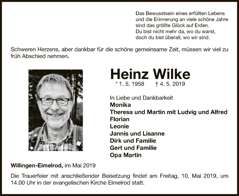  Traueranzeige für Heinz Wilke vom 07.05.2019 aus WLZ