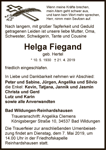 Traueranzeige von Helga Fiegand von WLZ