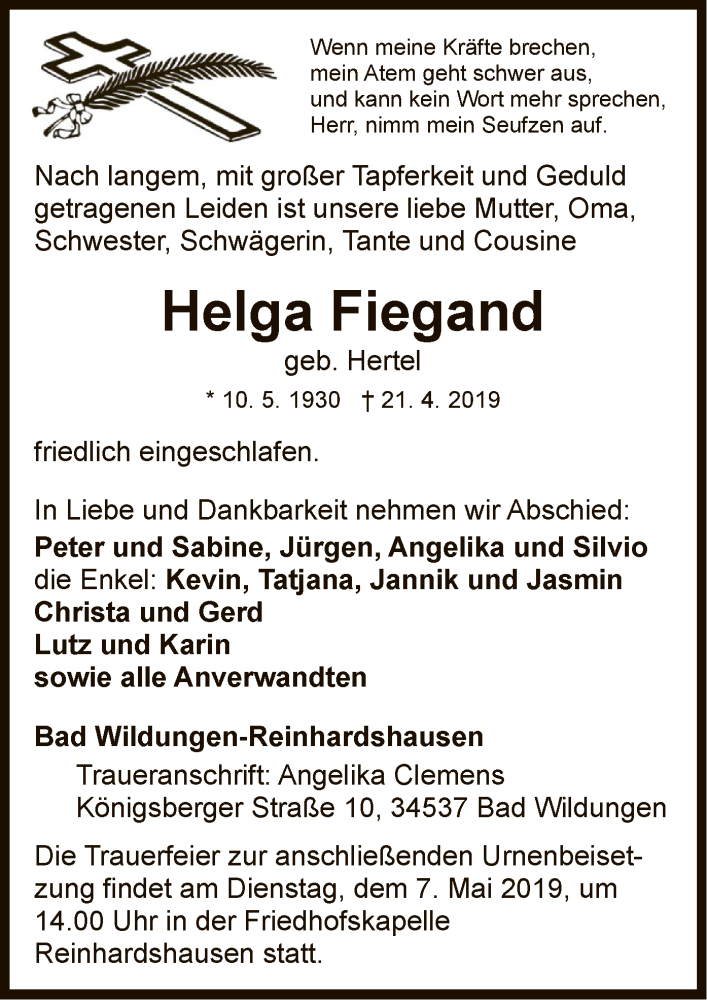  Traueranzeige für Helga Fiegand vom 01.05.2019 aus WLZ