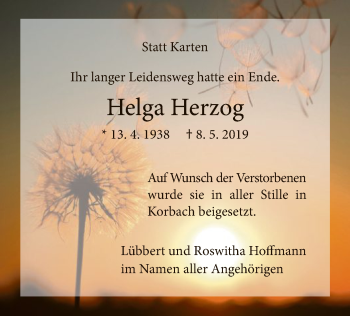 Traueranzeige von Helga Herzog von WLZ