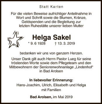 Traueranzeige von Helga Sakel von WLZ
