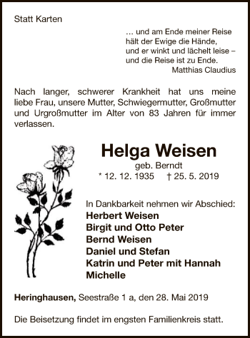 Traueranzeige von Helga Weisen von WLZ