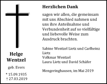 Traueranzeige von Helge Wentzel von WLZ