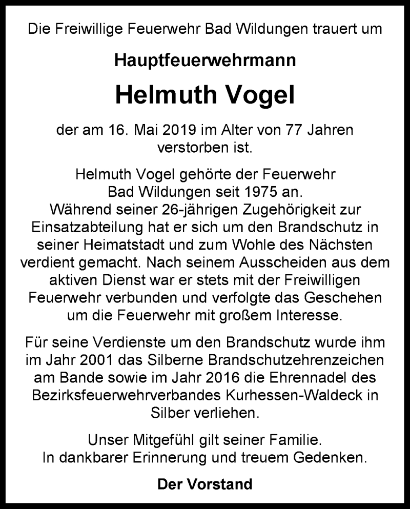  Traueranzeige für Helmuth Vogel vom 21.05.2019 aus WLZ