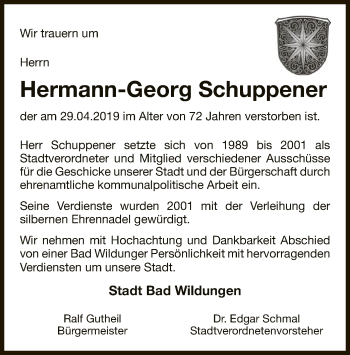 Traueranzeige von Hermann-Georg Schuppener von WLZ