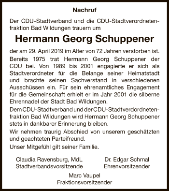 Traueranzeige von Hermann Georg Schuppener von WLZ