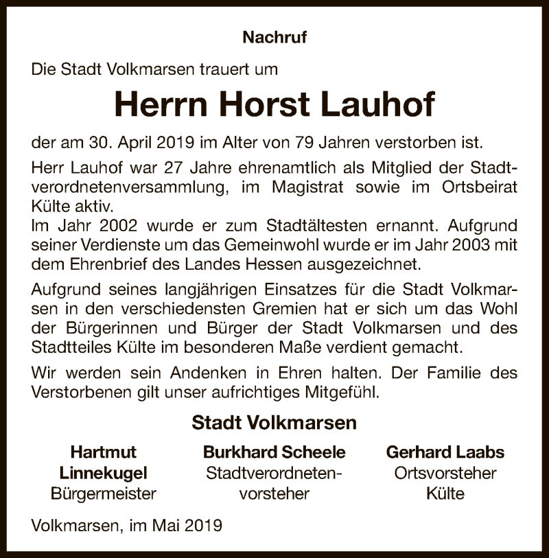  Traueranzeige für Horst Lauhof vom 10.05.2019 aus WLZ