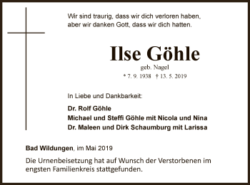 Traueranzeige von Ilse Göhle von WLZ