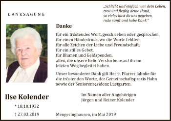 Traueranzeige von Ilse Kolender von WLZ