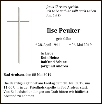 Traueranzeige von Ilse Peuker von WLZ