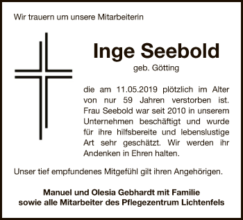 Traueranzeige von Inge Seebold von WLZ