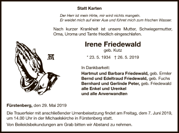 Traueranzeige von Irene Friedewald von WLZ