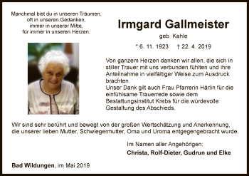 Traueranzeige von Irmgard Gallmeister von WLZ