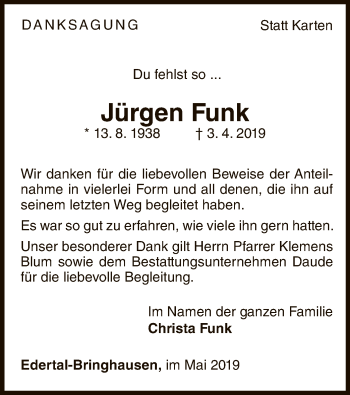 Traueranzeige von Jürgen Funk von WLZ
