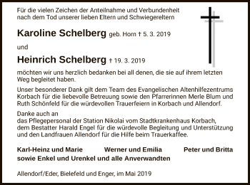 Traueranzeige von Karoline und Heinrich Schelberg von WLZ