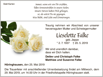 Traueranzeige von Lieselotte Falke von WLZ