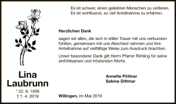 Traueranzeige von Lina Laubrunn von WLZ