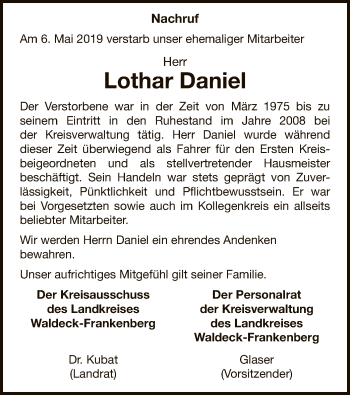 Traueranzeige von Lothar Daniel von WLZ