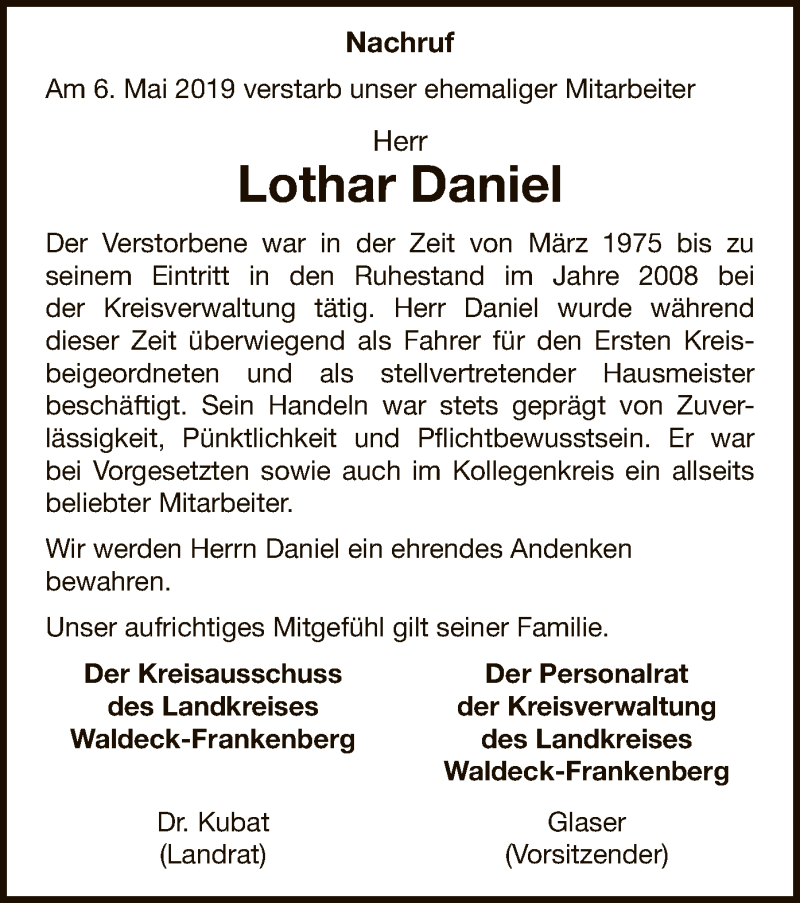  Traueranzeige für Lothar Daniel vom 11.05.2019 aus WLZ