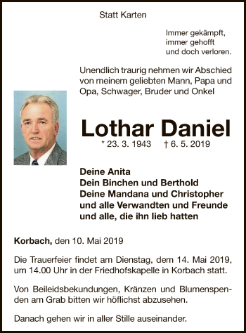 Traueranzeige von Lothar Daniel von WLZ