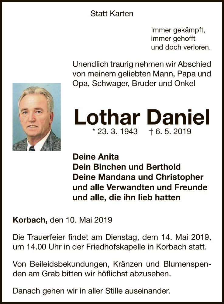  Traueranzeige für Lothar Daniel vom 10.05.2019 aus WLZ