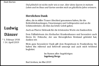 Traueranzeige von Ludwig Dänzer von WLZ