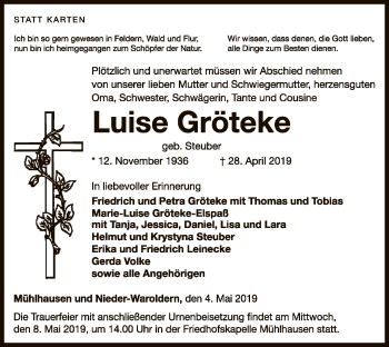 Traueranzeige von Luise Gröteke von WLZ