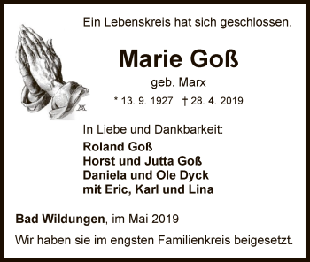 Traueranzeige von Marie Goß von WLZ