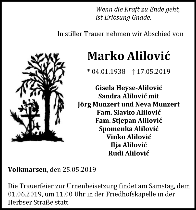  Traueranzeige für Marko Alilovic vom 25.05.2019 aus WLZ