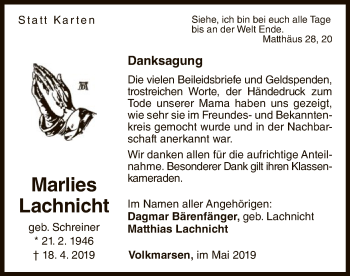 Traueranzeige von Marlies Lachnicht von WLZ
