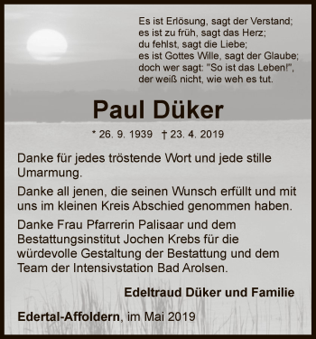 Traueranzeige von Paul Düker von WLZ