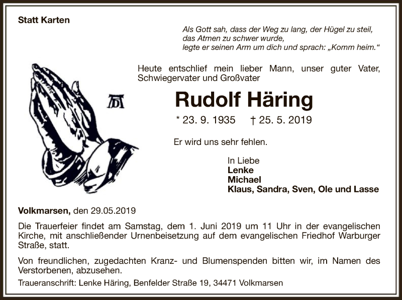  Traueranzeige für Rudolf Häring vom 29.05.2019 aus WLZ