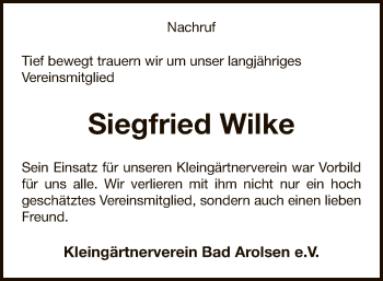 Traueranzeige von Siegfried Wilke von WLZ