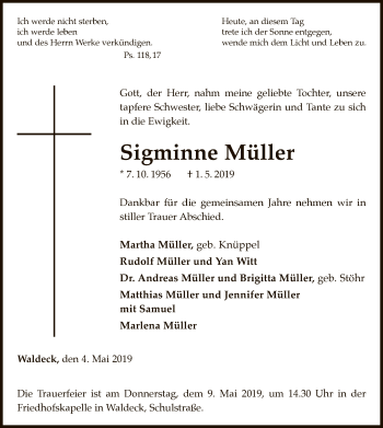Traueranzeige von Sigminne Müller von WLZ