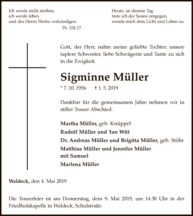  Traueranzeige für Sigminne Müller vom 04.05.2019 aus WLZ