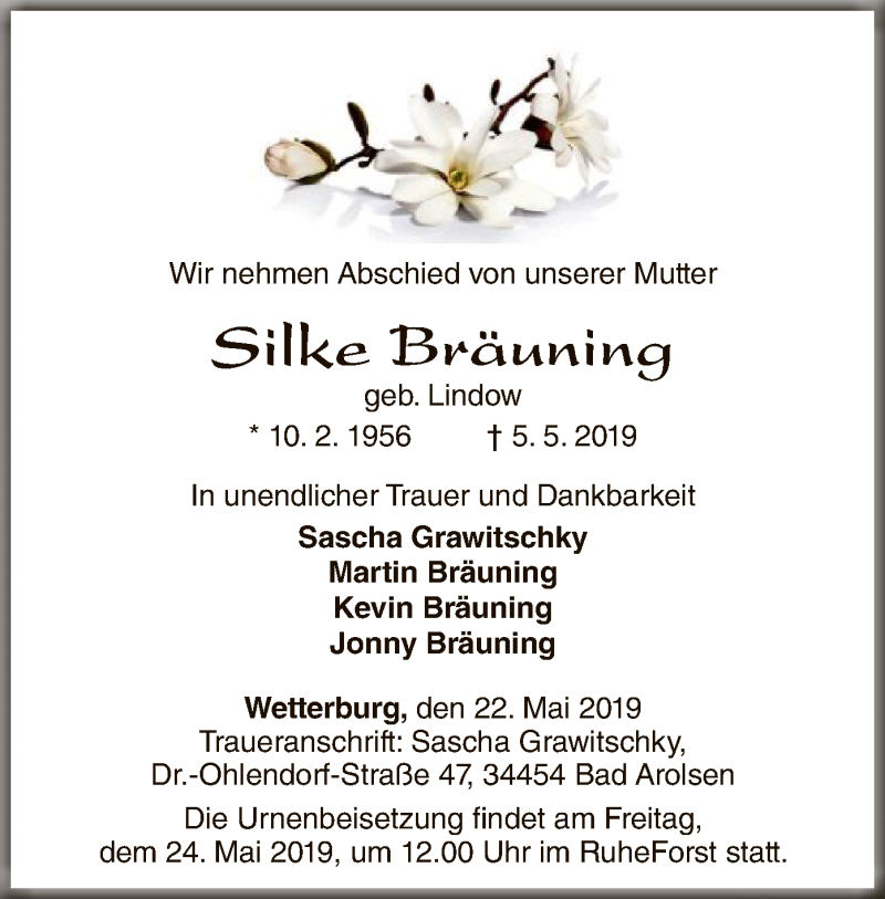  Traueranzeige für Silke Bräuning vom 22.05.2019 aus WLZ