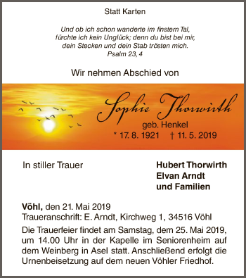 Traueranzeige von Sophie Thorwirth von WLZ