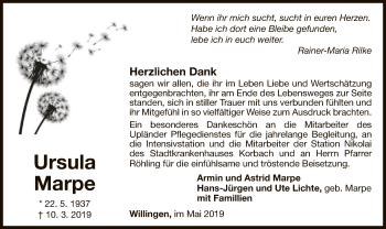 Traueranzeige von Ursula Marpe von WLZ