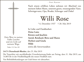 Traueranzeige von Willi Rose von WLZ