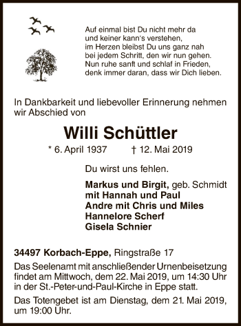 Traueranzeige von Willi Schüttler von WLZ