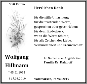 Traueranzeige von Wolfgang Hillmann von WLZ