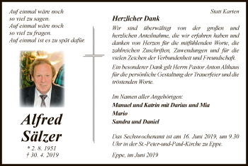 Traueranzeige von Alfred Sälzer von WLZ