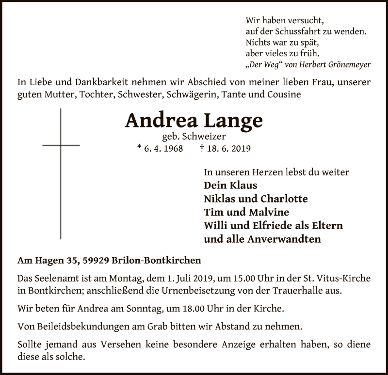  Traueranzeige für Andrea Lange vom 28.06.2019 aus WLZ